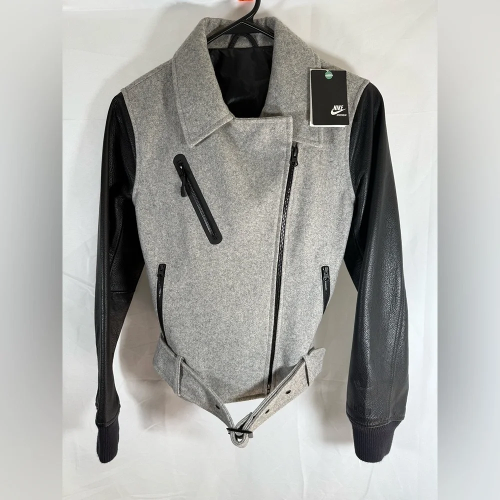 NWT Nike NSW Womens Size XS Gray Wool Destroyer Jacket Moto Bomber Leather
